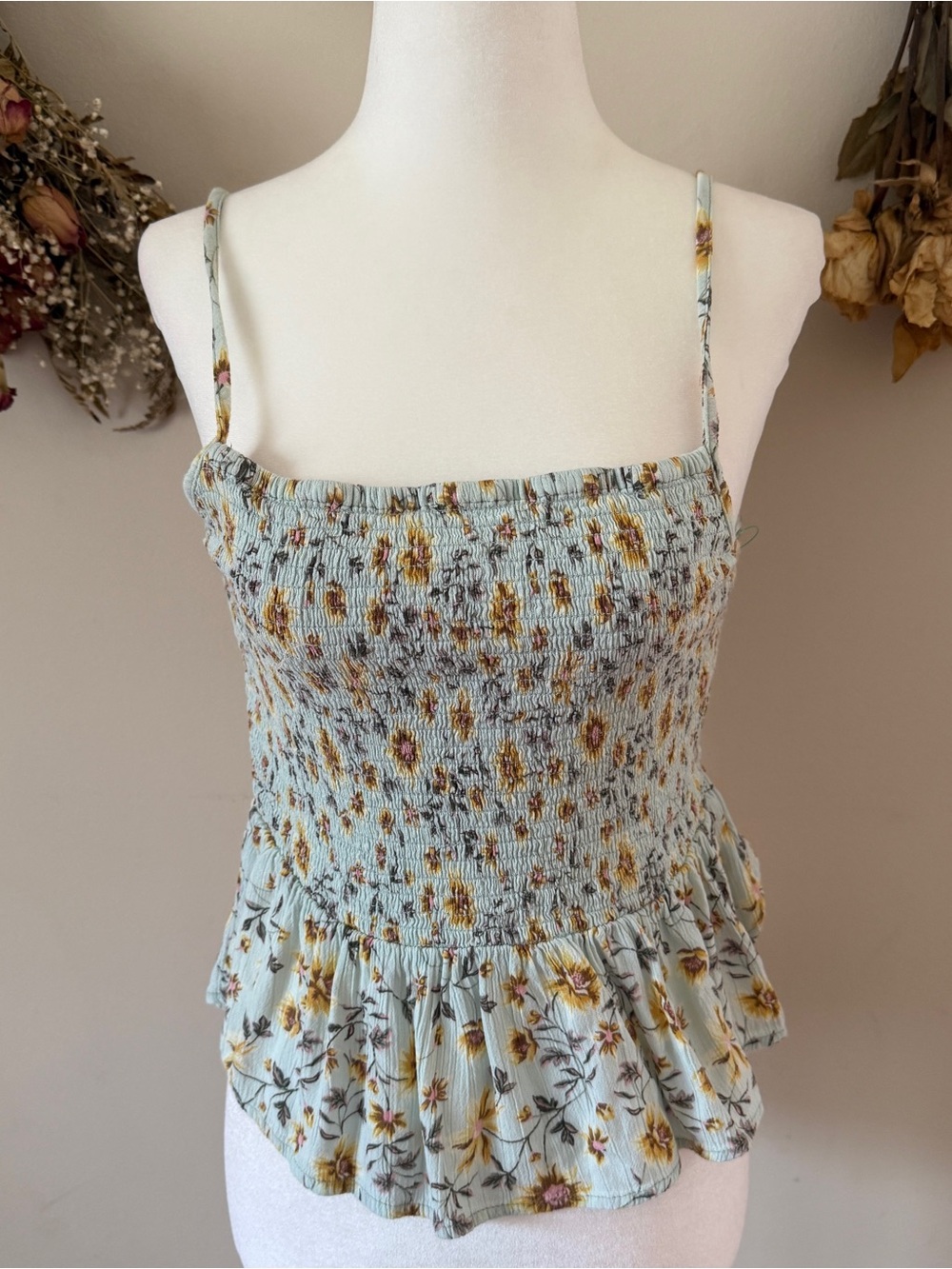 Angie Light Blue Smocked Floral Peplum Cami